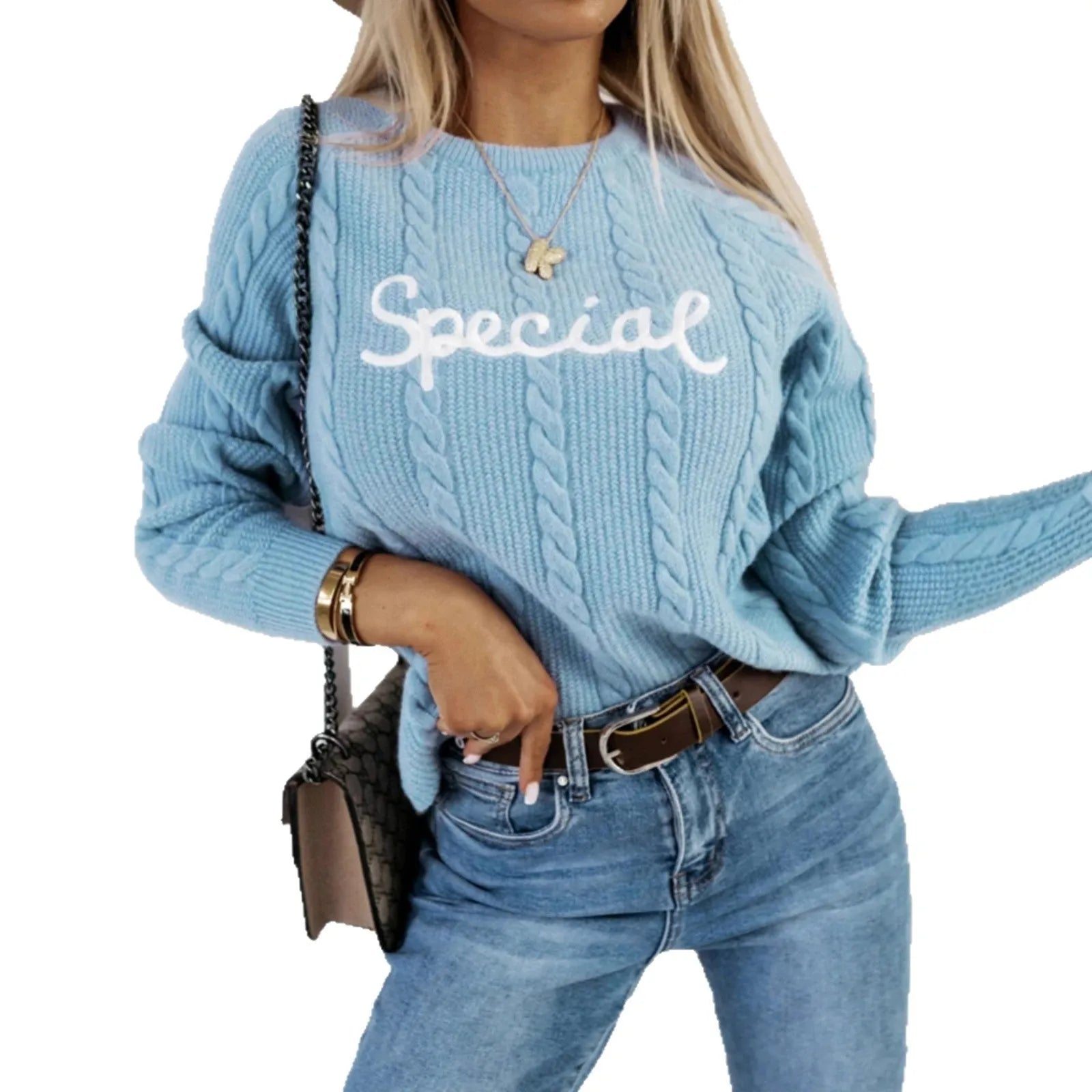 Blue leisure pullover with embroidered letters crew neck street fashion knitwear