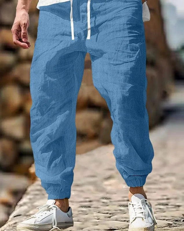 Men's straight leg linen trousers with elastic waistband in seven colour options