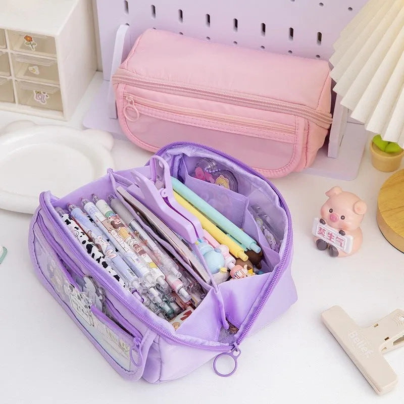 Korean style canvas pencil case with ten-layer flip design showing multiple colour options