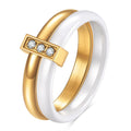 Women's ceramic geometric ring with zirconium inlay and glossy stitching in steel black finish
