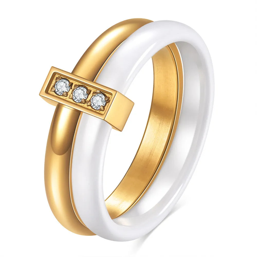 Women's ceramic geometric ring with zirconium inlay and glossy stitching in steel black finish