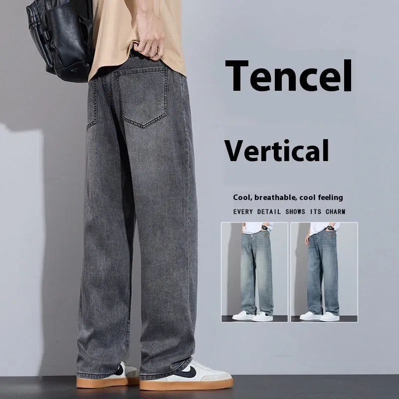 Straight-leg casual trousers in ice silk denim with wide-leg style and zip fly