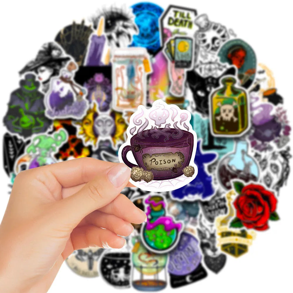 Assorted waterproof PVC stickers in sizes from 3cm to 8cm for laptops and skateboards.