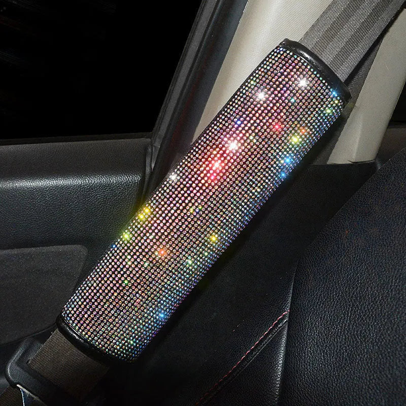 Black polyester rhinestone-studded handbrake cover for car interior with White Diamond stones
