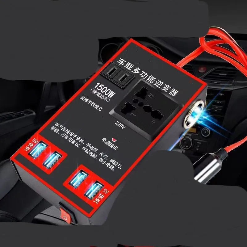 Black automotive power converter with UK socket and USB ports for vehicle charging