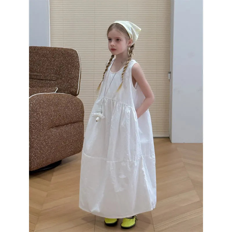 New girls white suspender French dress made of cotton with dot pattern for summer