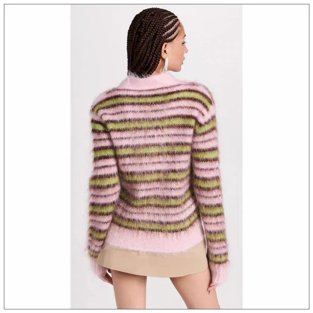 Pink Haima wool knitted cardigan sweater for women shown in round neck and button-front styles.