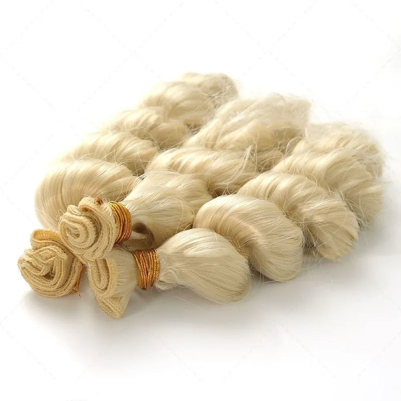Golden women's chemical fibre wig in 18, 20, and 22 inch lengths.