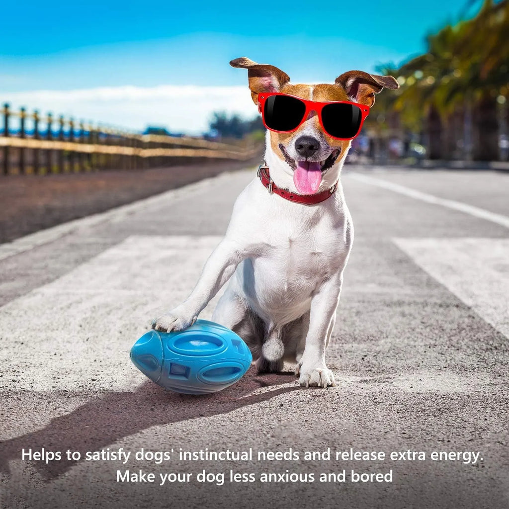 Blue, green, and orange durable natural rubber squeaky dog chew ball for medium and large breeds.