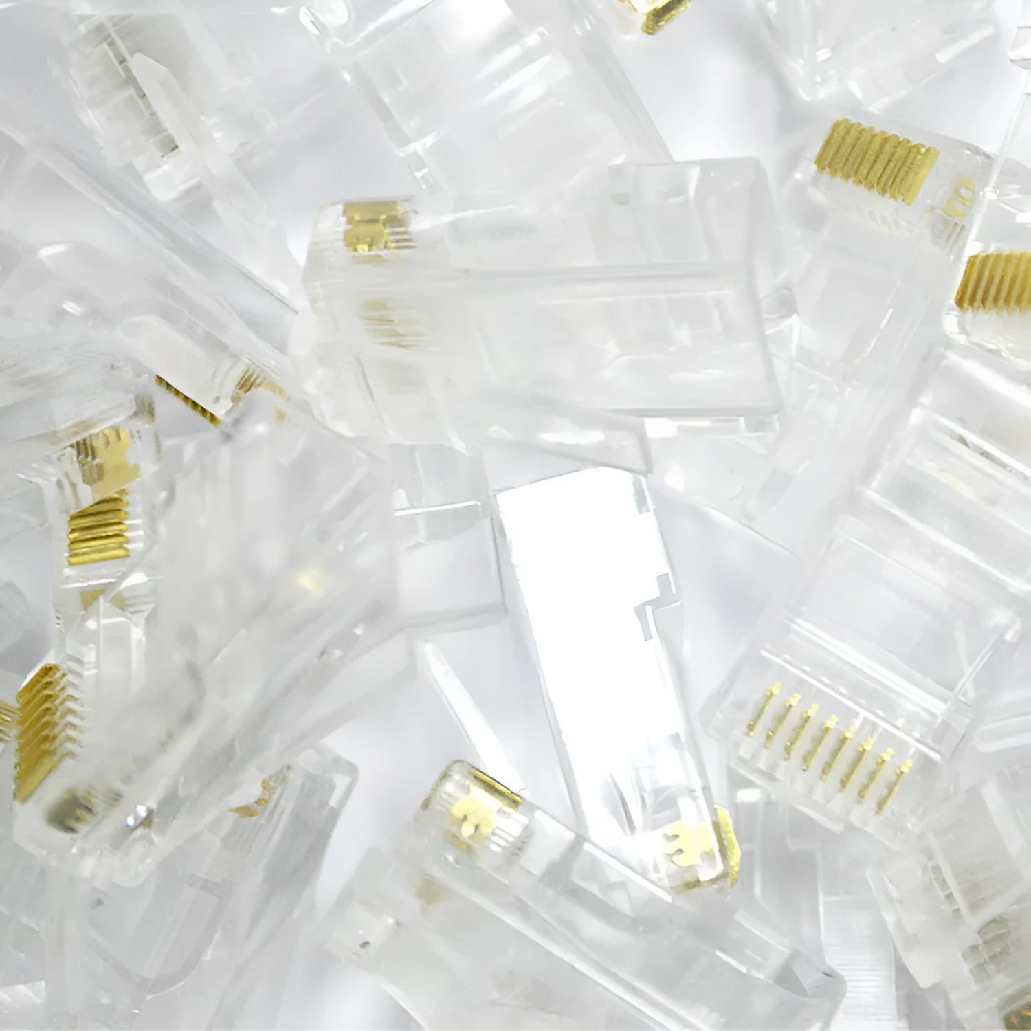White RJ45 network modular plug with gold-plated three-fork contacts and all-copper insert.
