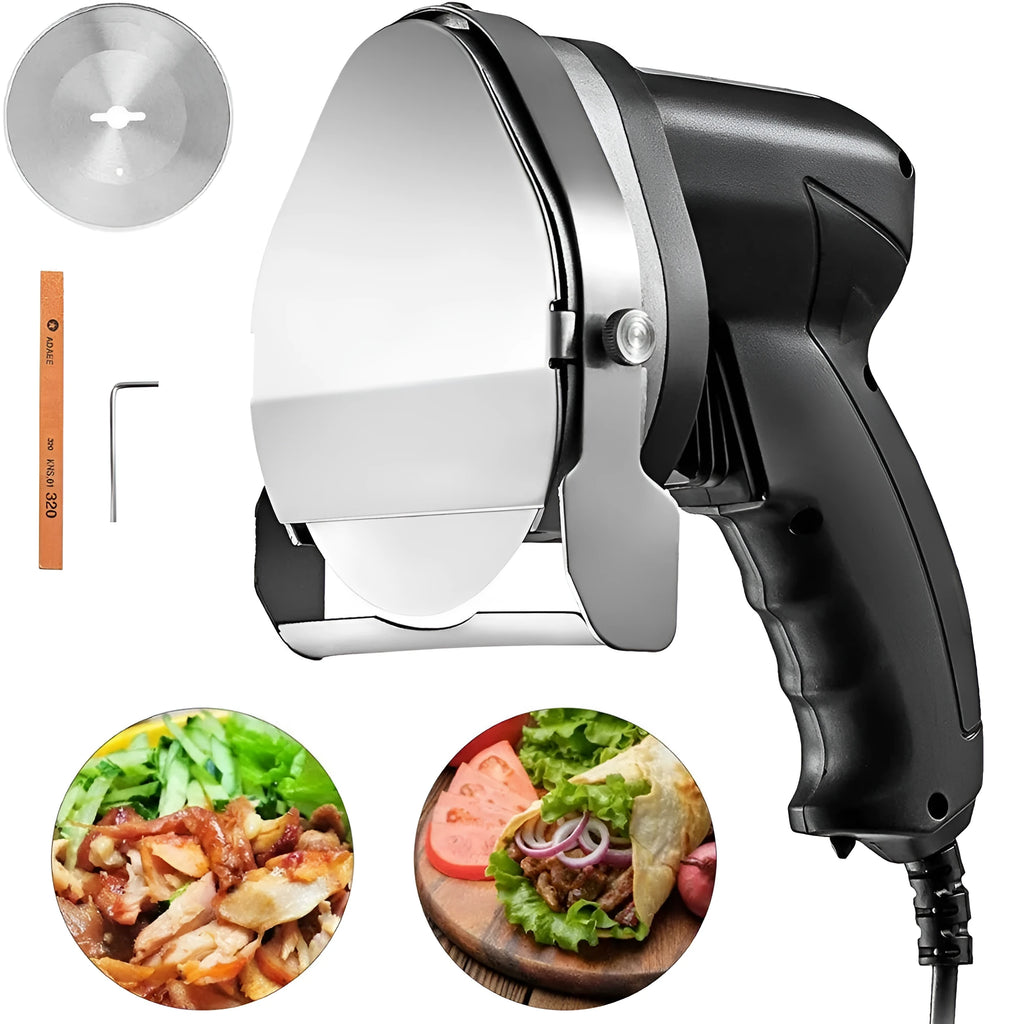 Black KS-100E model electric meat cleaver for cutting meat up to 3.3 inches thick.