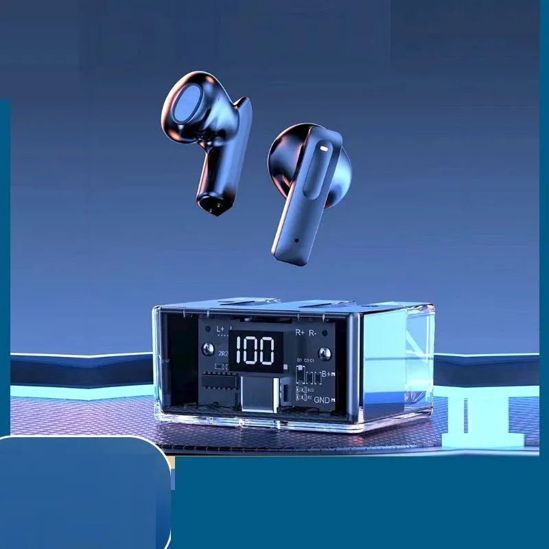Transparent case true wireless Bluetooth earphones showing digital display with black, white, blue, green, and peach colour options