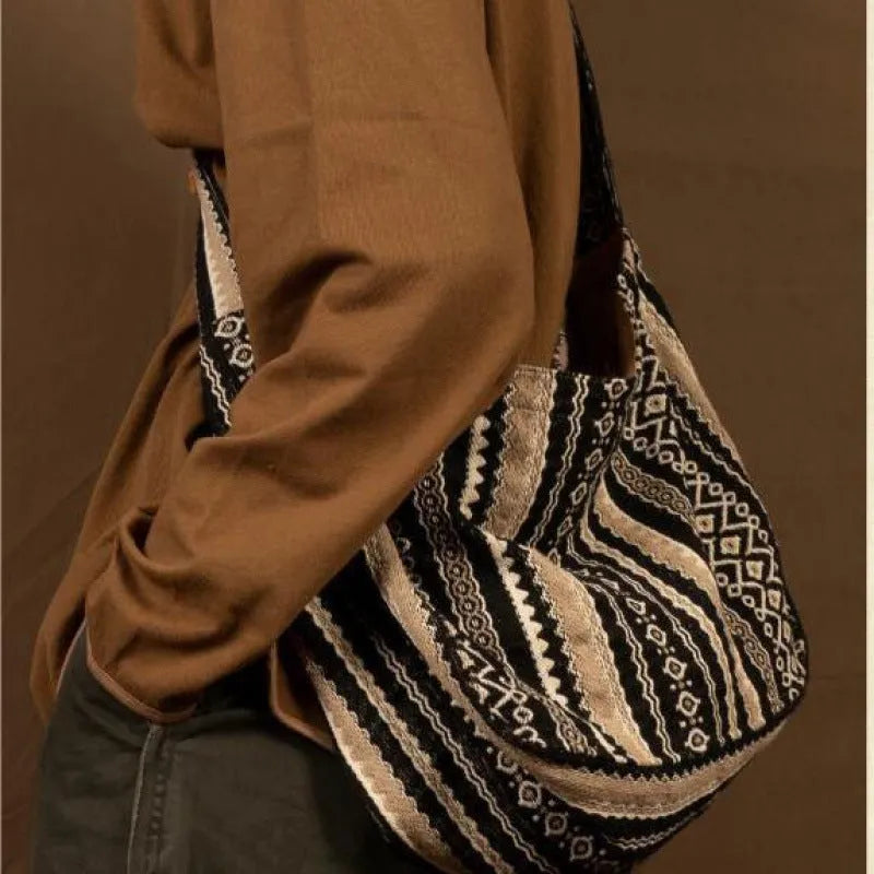 Vintage jacquard striped corduroy messenger bag with adjustable shoulder strap