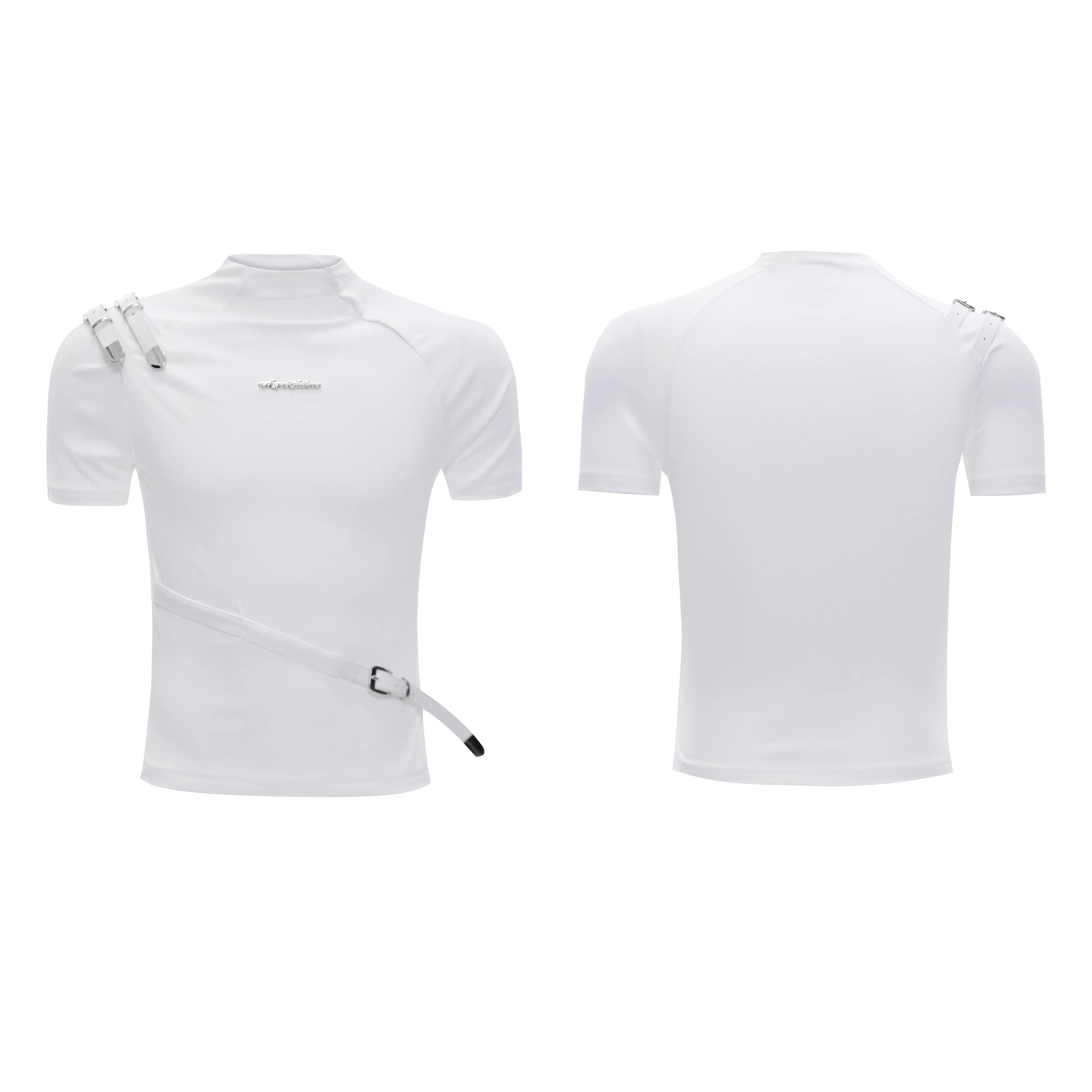 Men's black cotton T-shirt with metal belt design and small stand-up collar, slim fit short sleeve