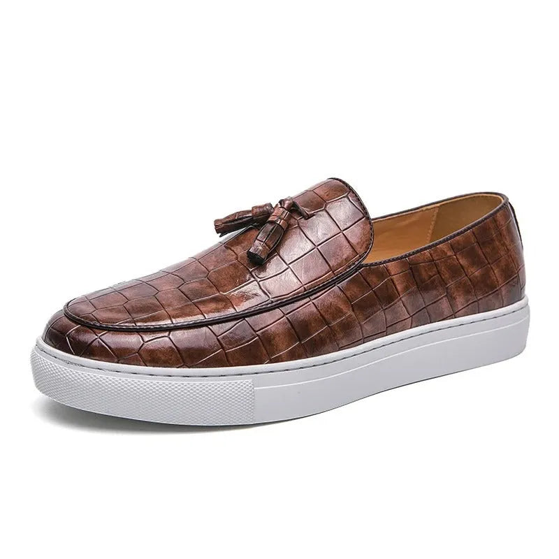 Plus size men's tassel sneakers in black, brown and white colours with round toe design