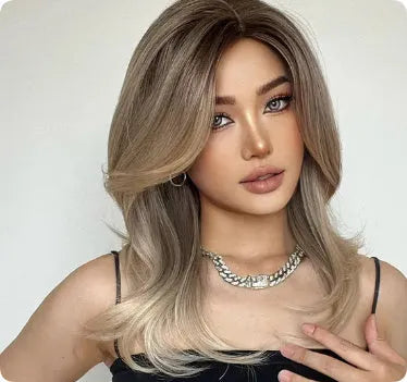 Mid-length curly synthetic wig with long bangs in gradient white gold, wine red, and brown colours