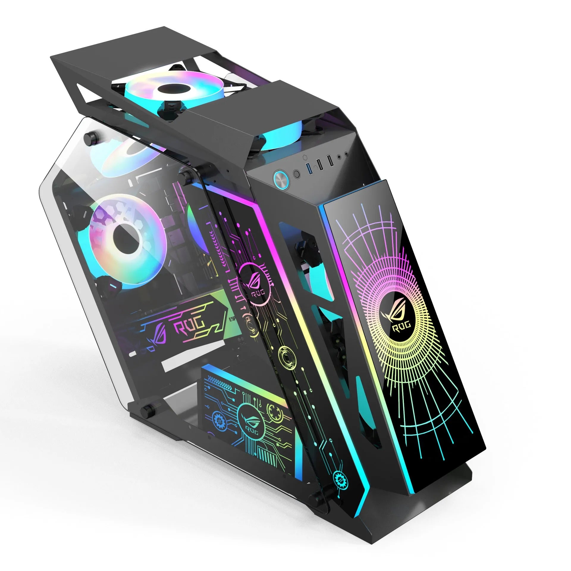 Table-type black bare metal PC chassis with six RGB fans lit up on a desk