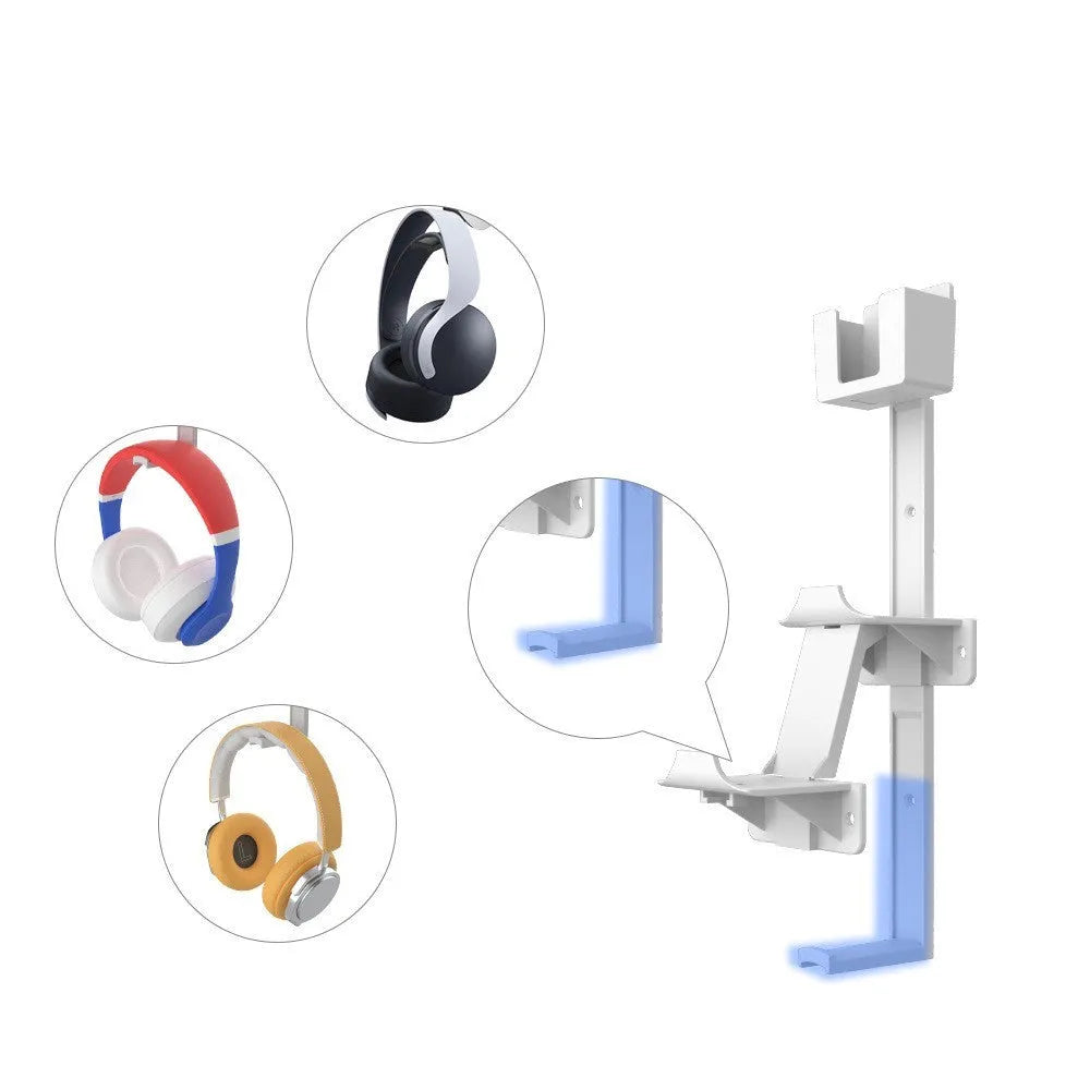 White wall-mounted storage hook holding a PS5 controller and a gaming headset.