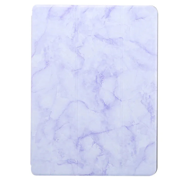 Dark grey tri-fold marbling imitation leather iPad case with a visible slot for an Apple Pencil.