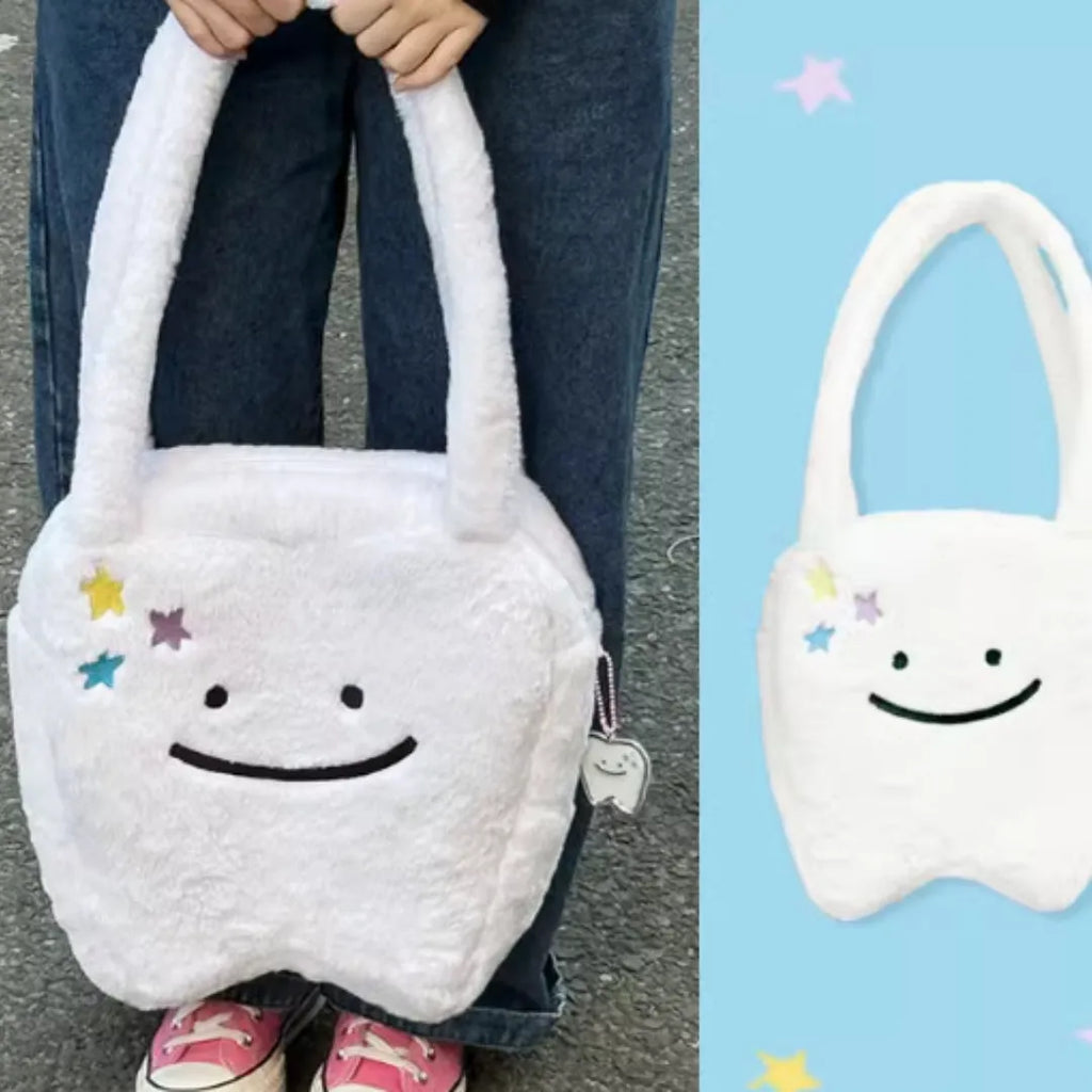 White plush shoulder tote bag with cute teeth pattern and zipper closure