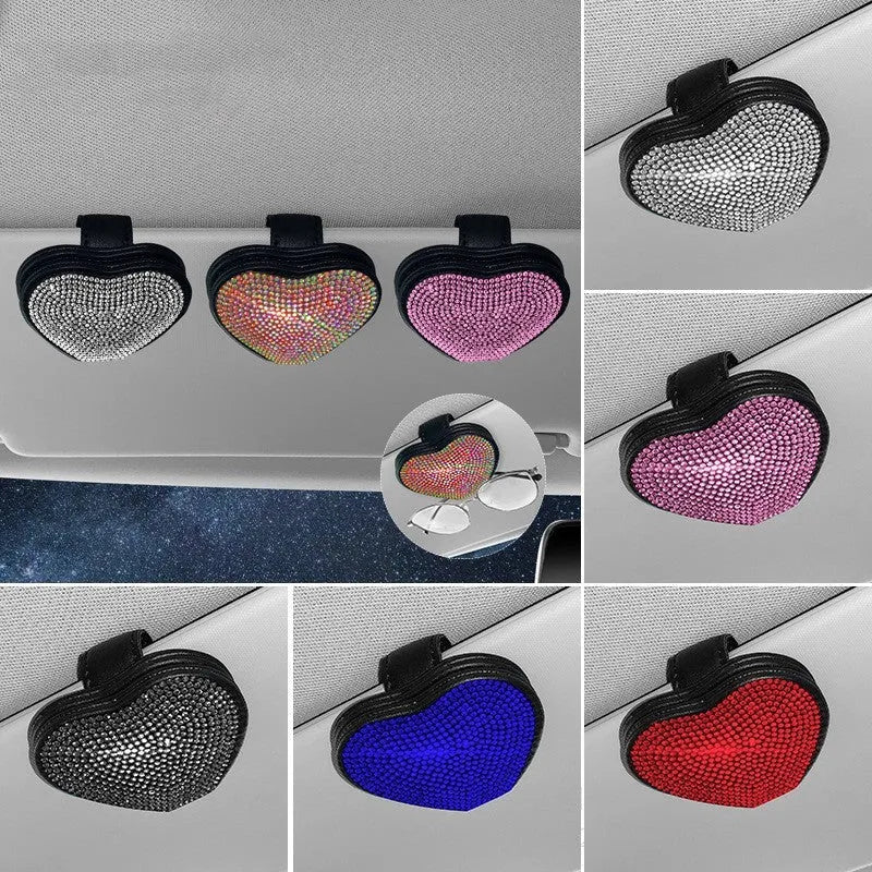 Magnetic leather car sun visor clip with diamond crystals in multiple colour options