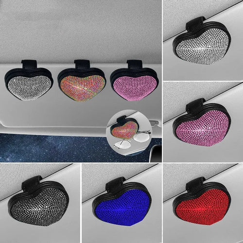 Magnetic leather car sun visor clip with diamond crystals in multiple colour options