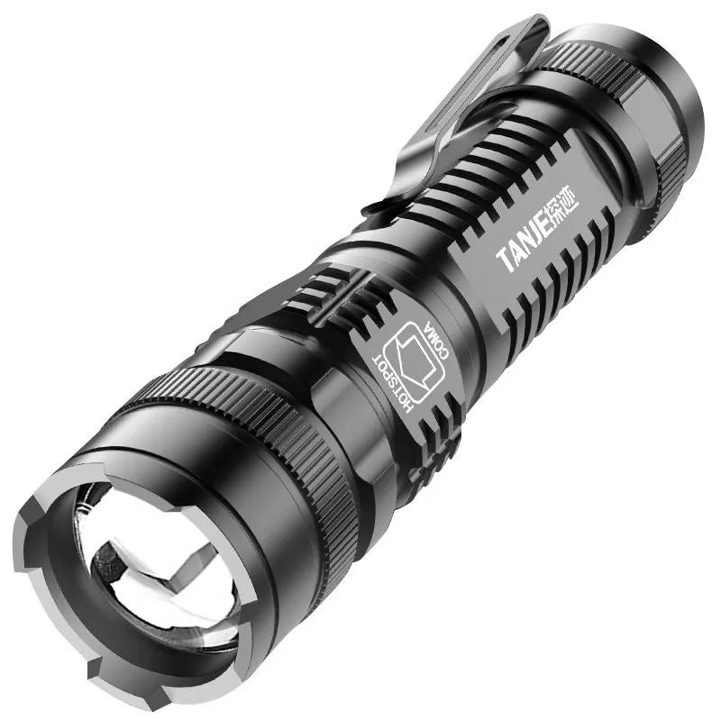 Black mini aluminium alloy telescopic LED flashlight with pocket clip, showing zoom adjustment.