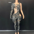 Women's cutout pearl chain sequin jumpsuit in spandex, long sleeve cropped pants, red colour