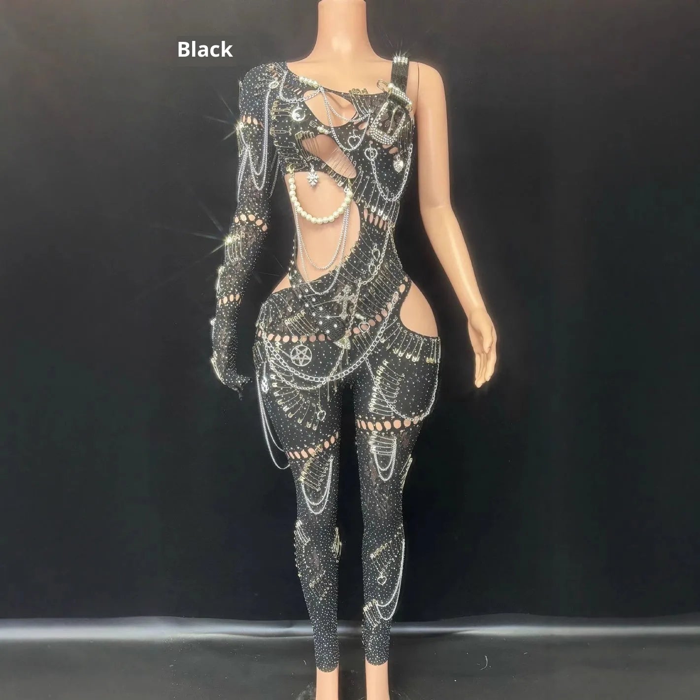 Women's cutout pearl chain sequin jumpsuit in spandex, long sleeve cropped pants, red colour