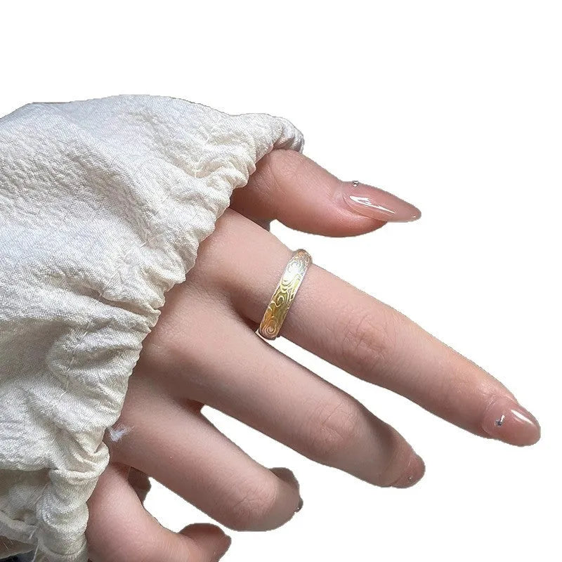 Xiangyun pattern white copper ring with gold electroplating and open mouth adjustable design