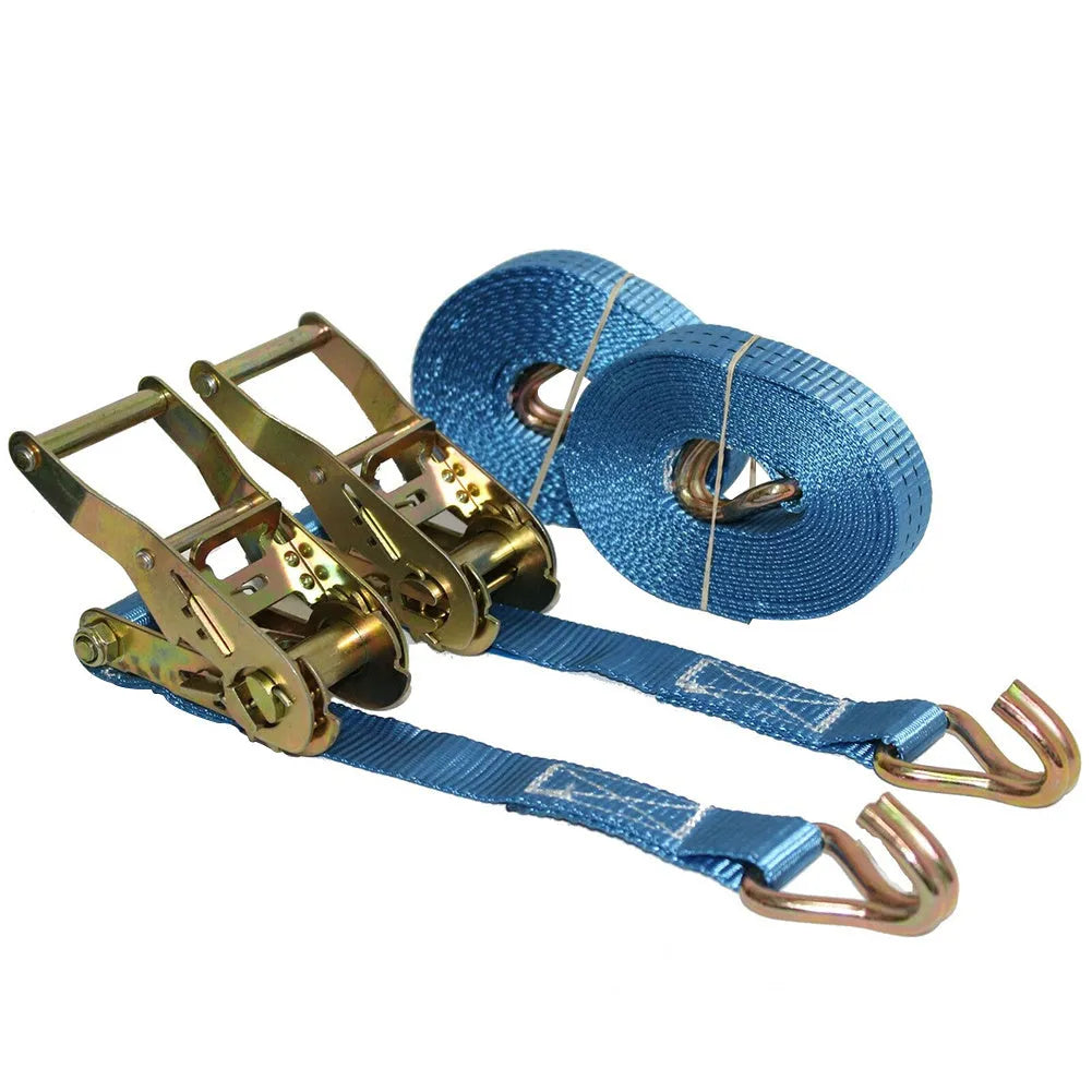 Steel ratchet tensioner with double hooks on a 25mm wide polyester binding strap