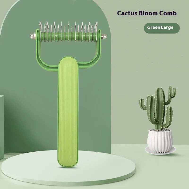 Green and grey dog grooming comb with plastic handle and stainless steel teeth for unknotting