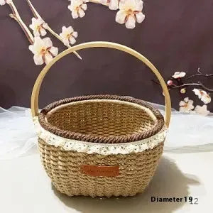 Hand-woven straw basket with hemp rope detailing in rustic style