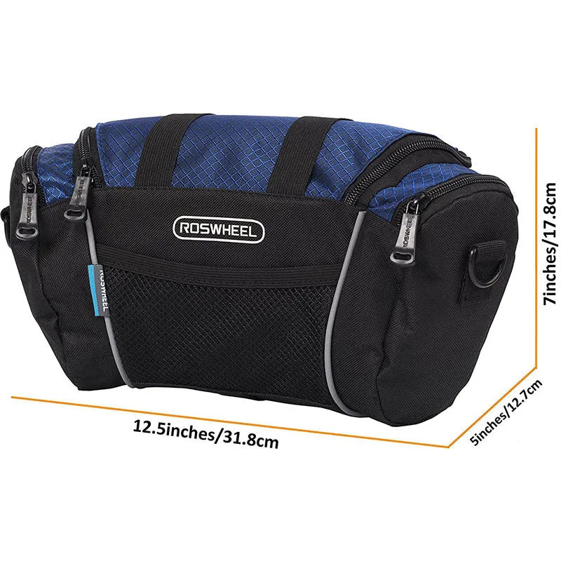 Canvas bicycle handlebar bag in navy blue with 32x11x17cm dimensions for mountain bike use