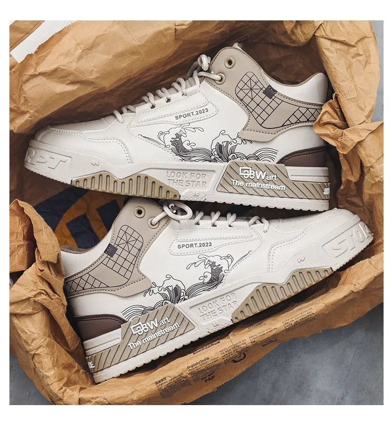 Men's beige high-top board shoes with white laces and a rubber sole on a plain background.
