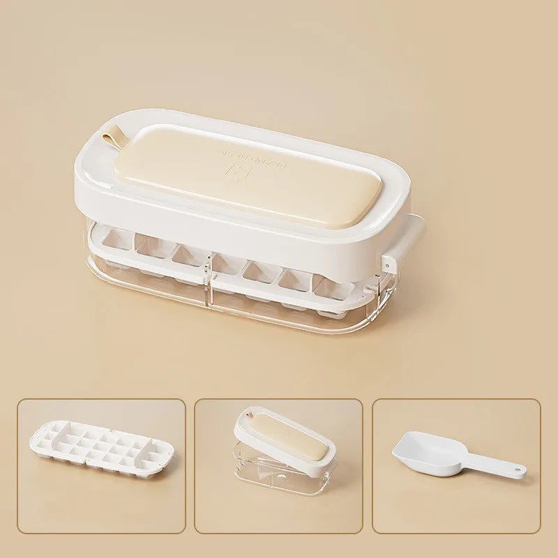 Colourful ice cube tray with grid design and integrated ice shovel storage compartment