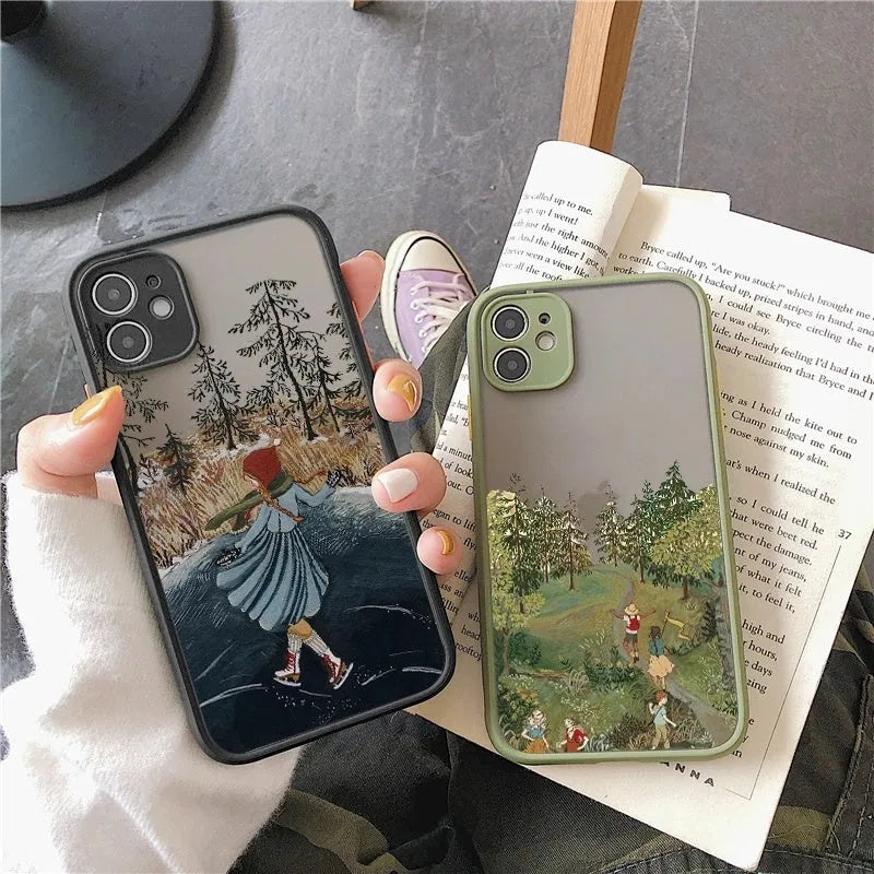 Vintage cartoon scenery girl print phone case for iPhone 13 series, showing retro illustration