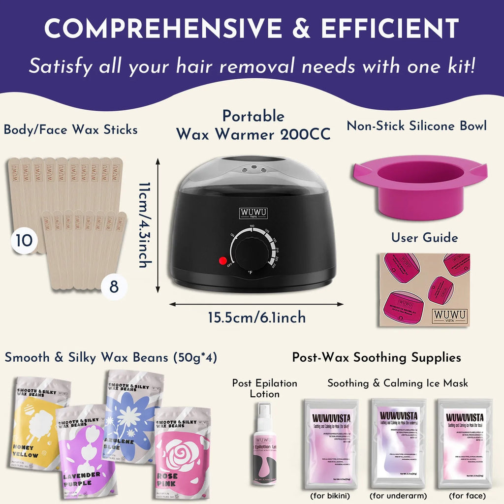 Waxing gift set with wax warmer, wax beads, facial and body sticks, aftercare products