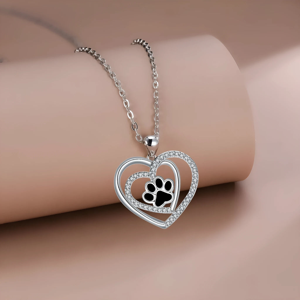 Women's dog paw print necklace with heart pendant, copper construction with electroplated finish