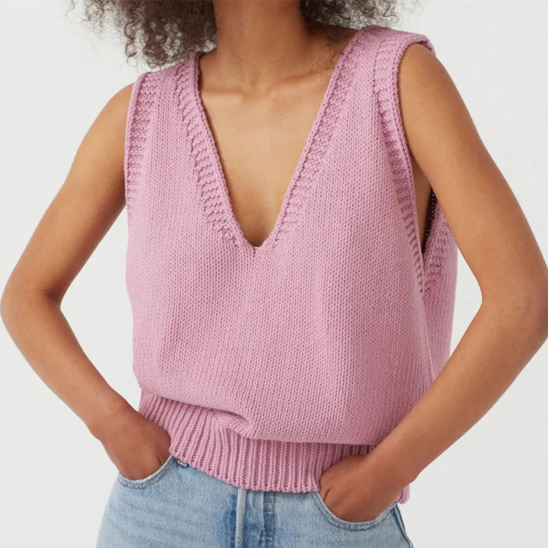 Ladies knitted vest sleeveless sweater pullover in acrylic, available in six colours including black and beige