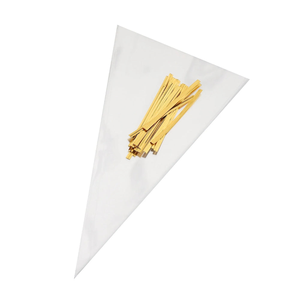 Clear triangle-shaped plastic packaging bag with a built-in white tie wire, shown sealed.