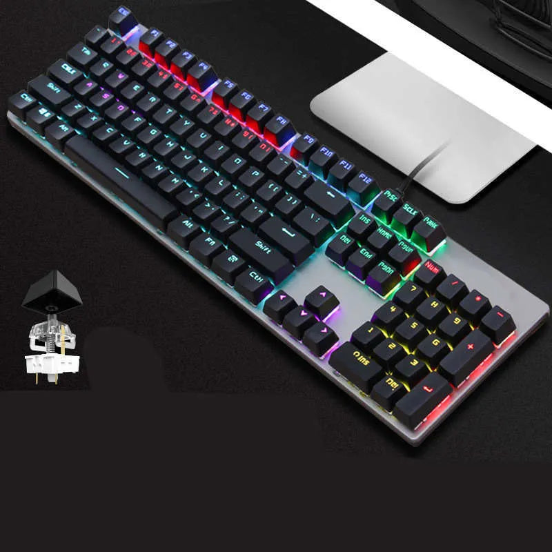 AOC GK410 green axis mechanical keyboard with 104 keys, metal construction, and USB cable