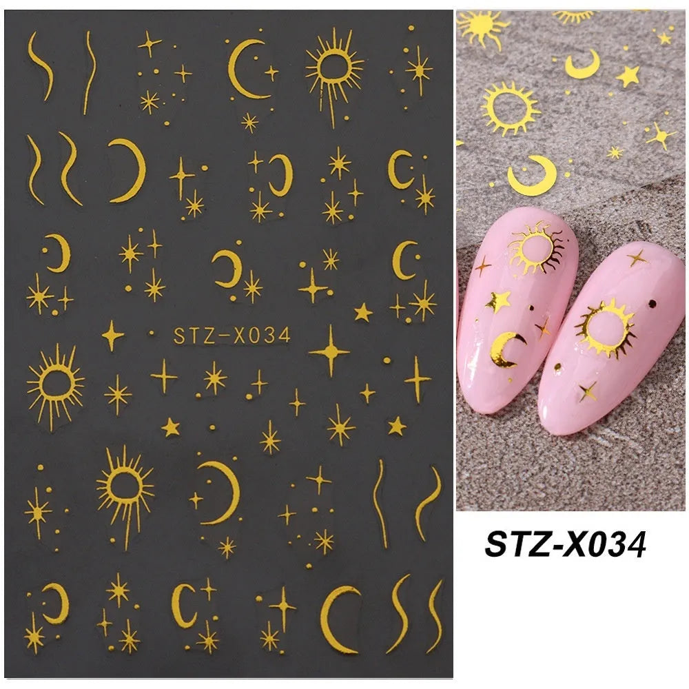 Plastic sheet of black, silver, and cartoon design nail art stickers for DIY manicures.