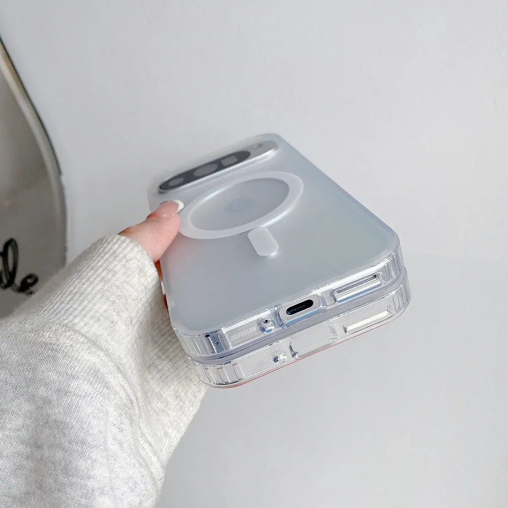 Transparent laser frosted magnetic phone case for Google Pixel models on a table.