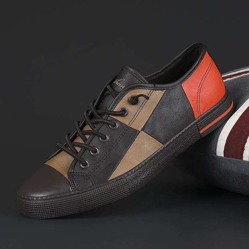 Men's colour matching leather shoes with round toe, elastic band, and flat rubber sole