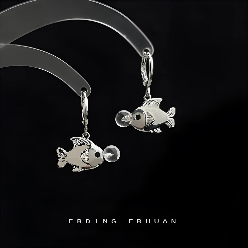 A pair of copper fish earrings with an electroplated goldfish bubble design.