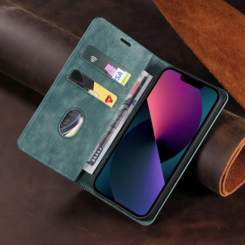 Magnetic flip phone case in solid colour for iPhone, showing TPU frame and leather cover.