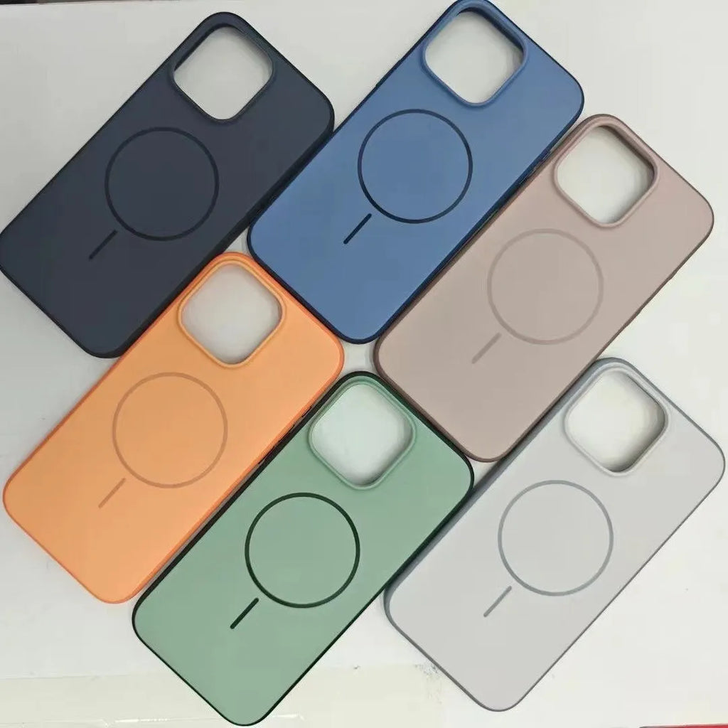 Frosted blue magnetic protective case for Apple iPhone on a white background.