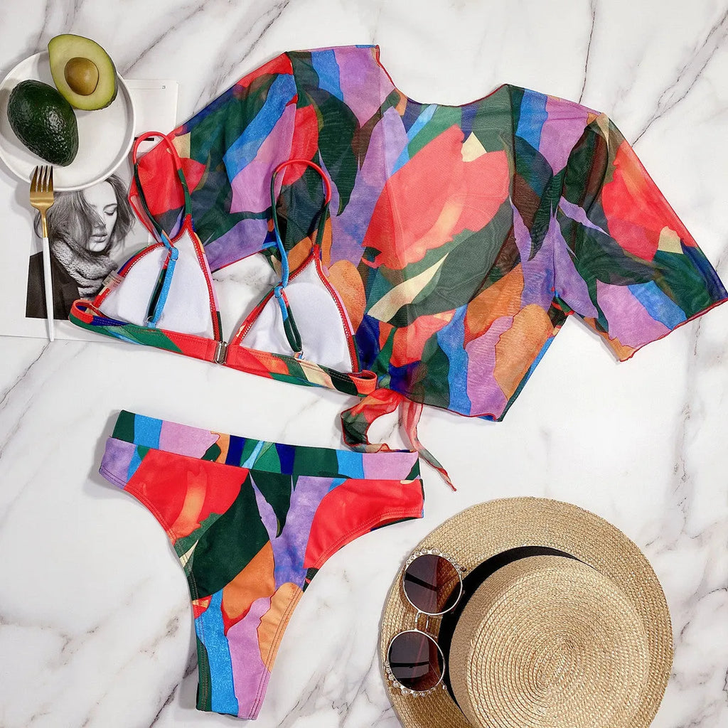 Red women's split swimsuit with print for swimming and casual surfing.