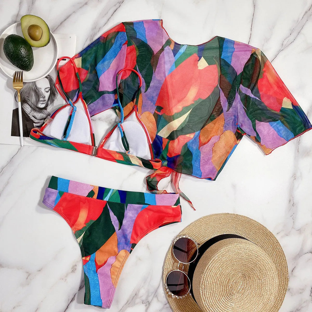 Red women's split swimsuit with print for swimming and casual surfing.
